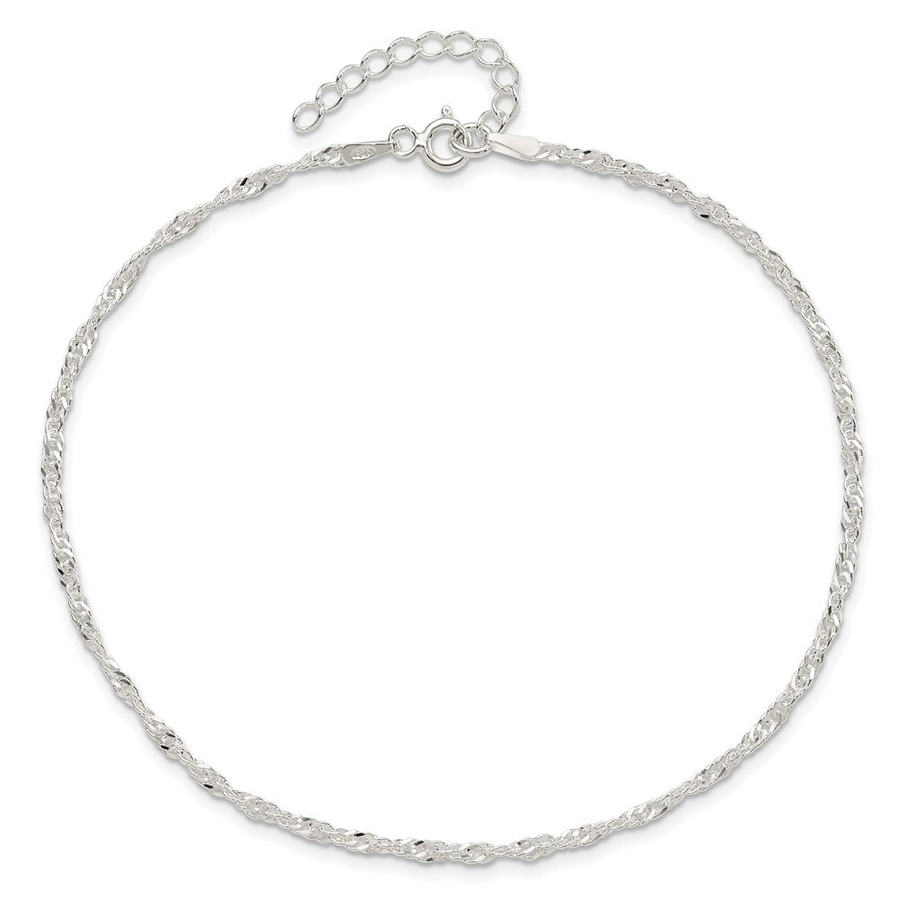 Sterling Silver 2mm Singapore 9in Plus 1in ext. Chain Anklet 9 inches