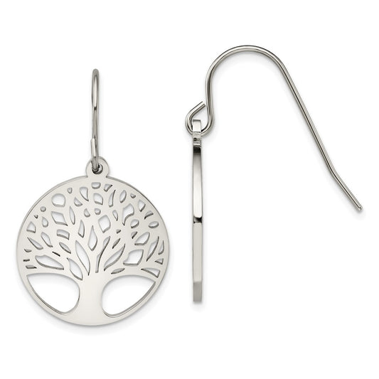 Stainless Steel Polished Tree of Life Cut-out Shepherd Hook Earrings