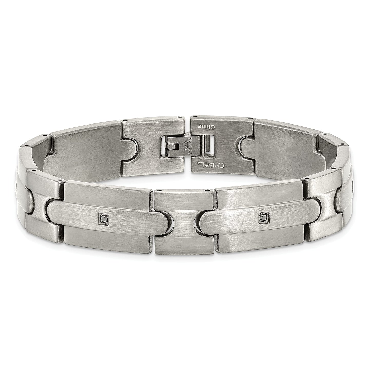 Stainless Steel Brushed with Black CZ 8.25in Bracelet 8.25 inches
