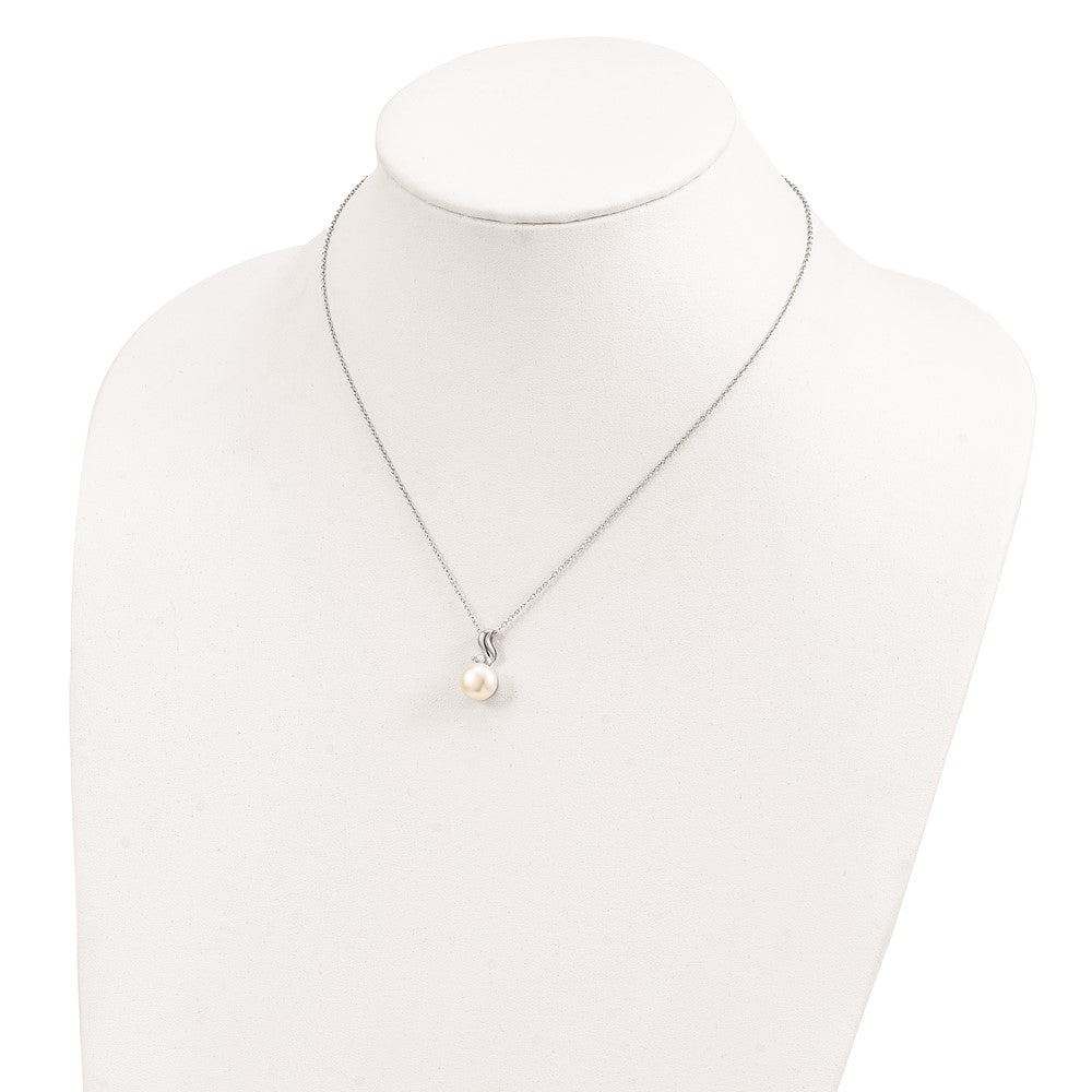 Sterling Silver Rhodium-plated 9-10mm White Button Freshwater Cultured Pearl and CZ 17 inch Necklace 17 Inches
