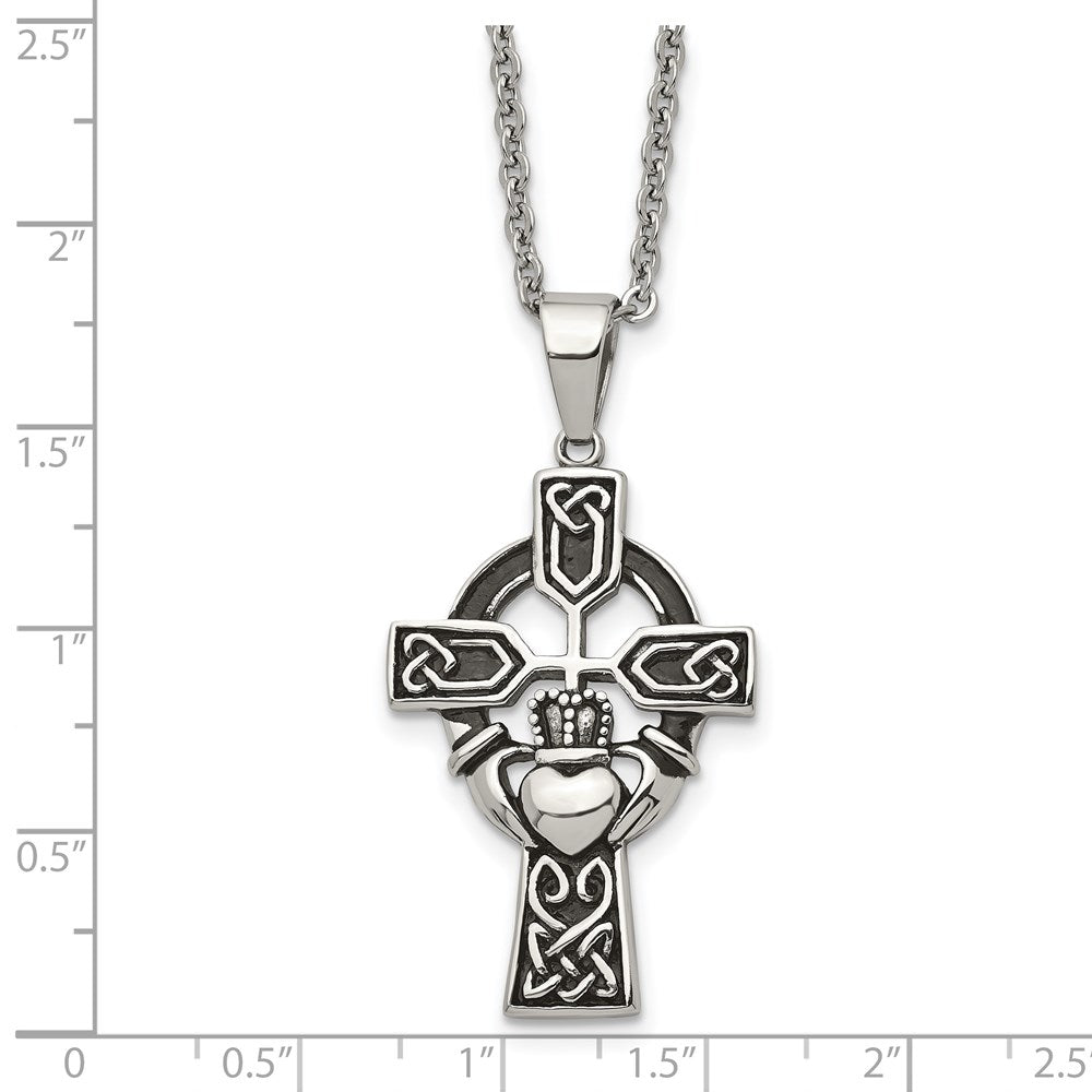 Stainless Steel Antiqued and Polished Claddagh Cross 20in Necklace