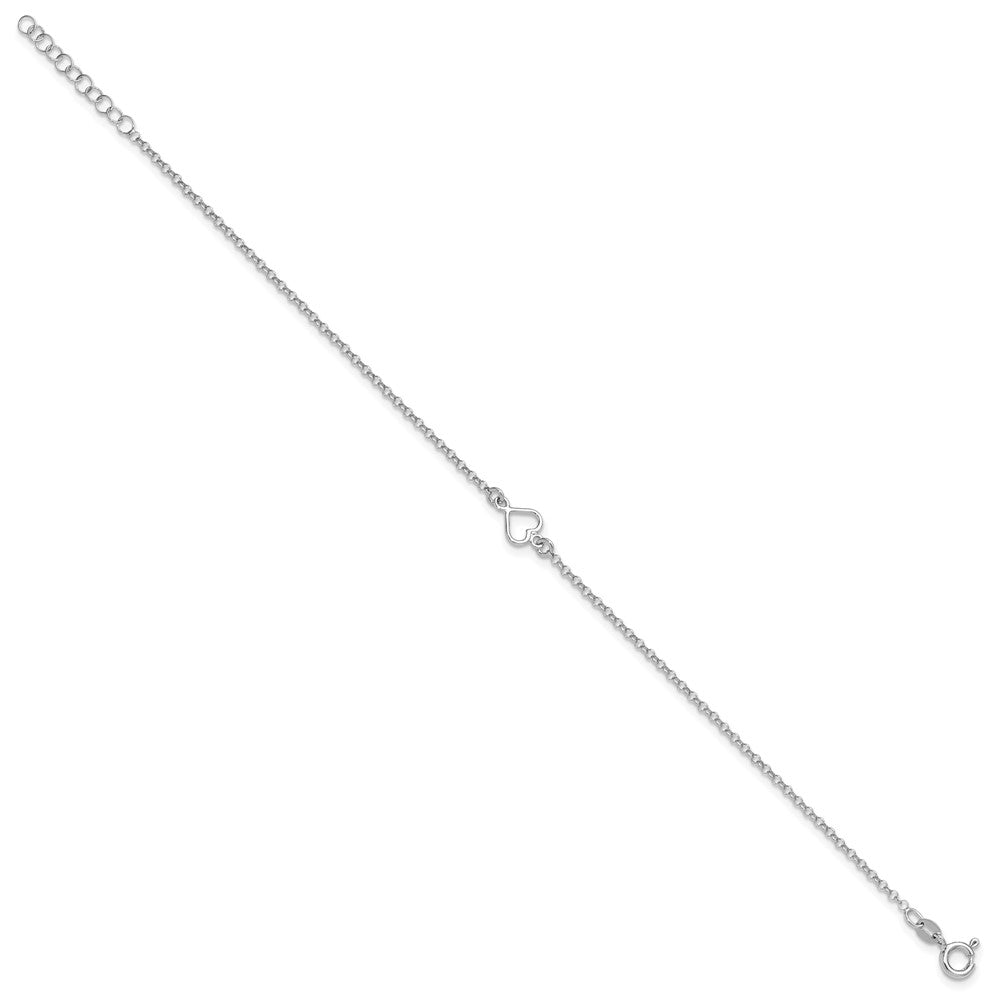 Sterling Silver Rh-plated Polished Heart 9in PLUS 1in ext. Anklet