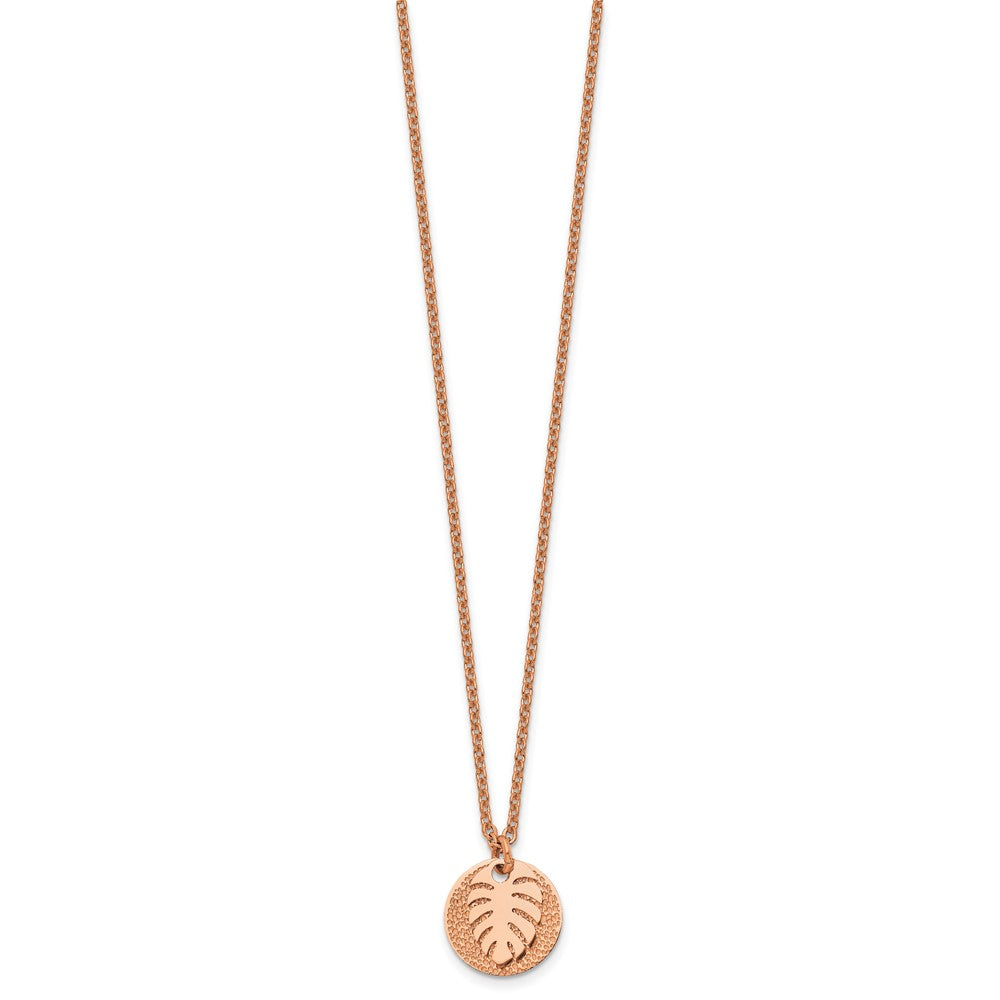 Stainless Steel Polished Textured Rose IP Circle with Leaf 27.5in Necklace