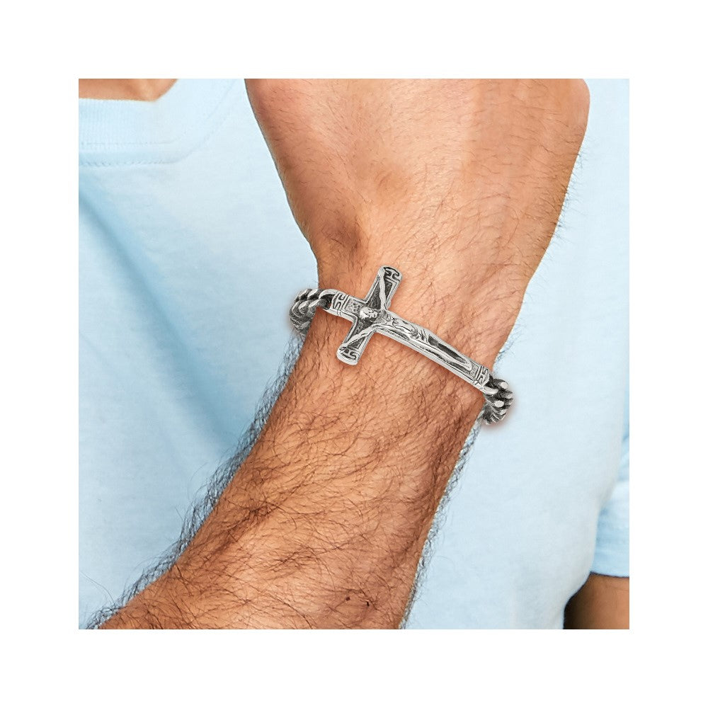 Stainless Steel Antiqued and Polished Crucifix 8.75in Bracelet 8.75 inches