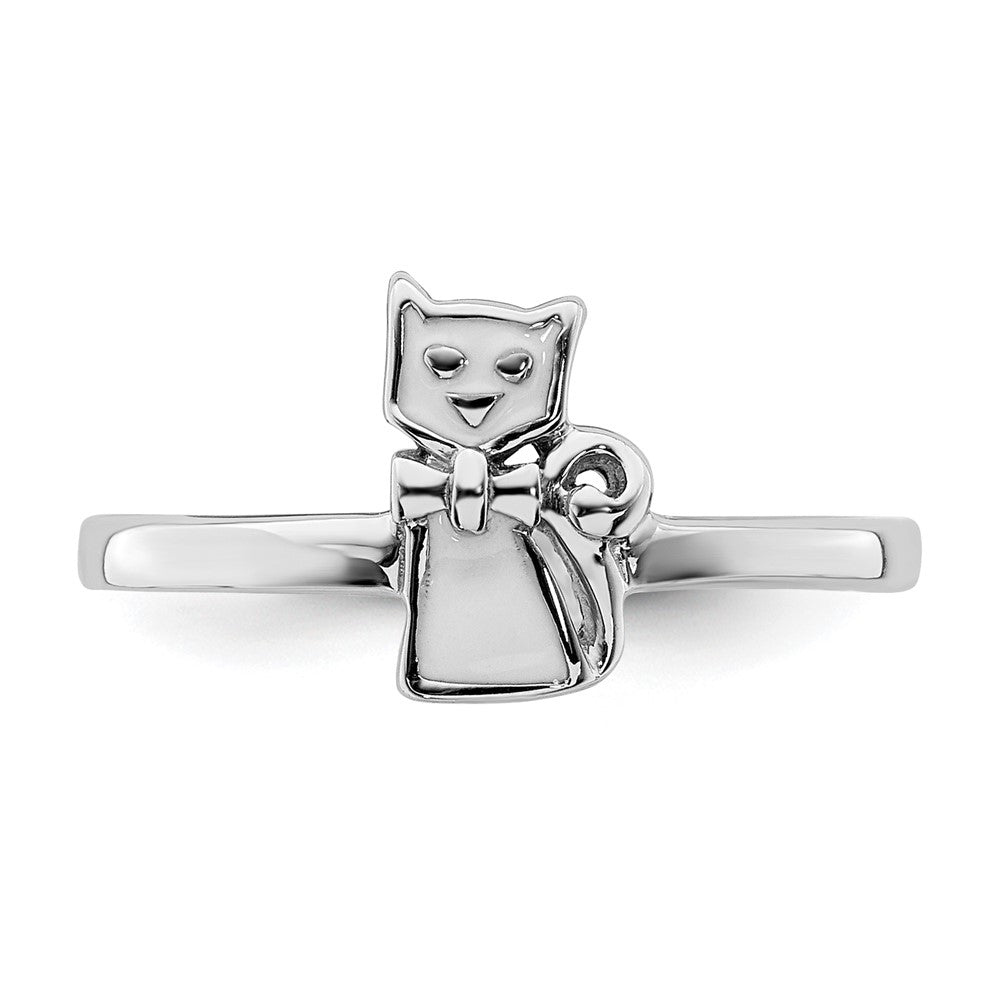 Sterling Silver Rhodium-plated Childs Enameled White Cat Ring