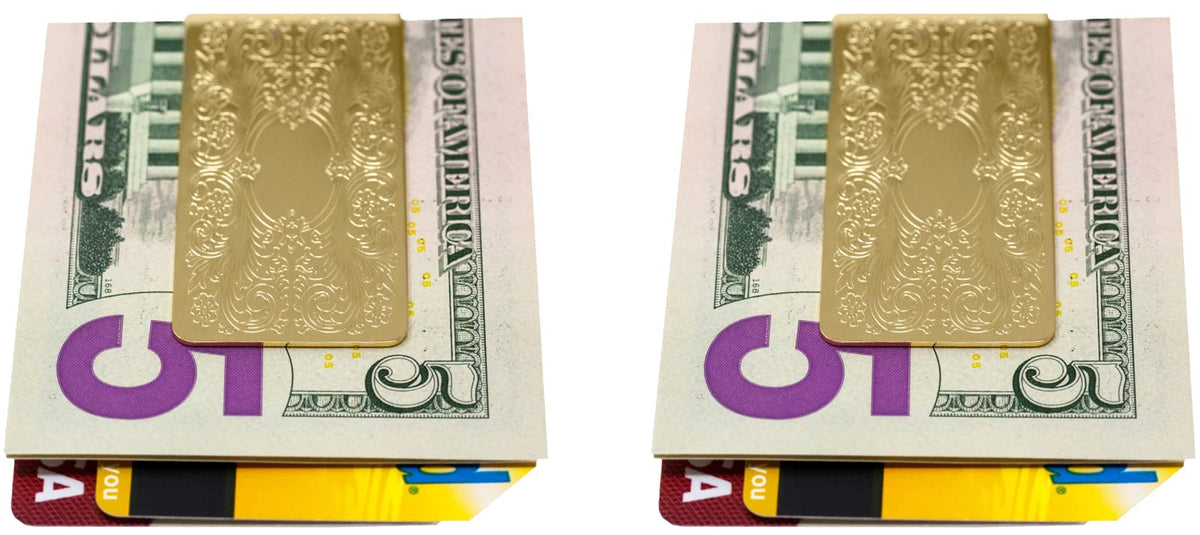 Set of 2 Chrome-Plated Stainless Steel Money Clips in Gold (Vintage Victorian Scroll)