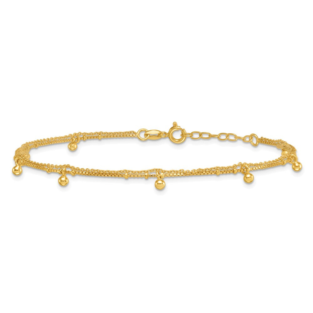 Sterling Silver Gold-tone Polished and Beaded Double Strand 9 inch with 1 inch Extension Anklet