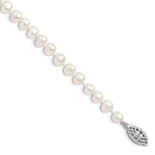 Sterling Silver Rhodium-plated 5-6mm White Near-Round Freshwater Cultured Pearl 7.25 inch Bracelet 7.25 inches