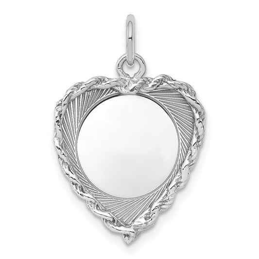 Sterling Silver Rh-plt Engraveable Heart Polished Front/Back Disc Charm