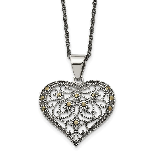 Stainless Steel Antiqued and Polished w/Marcasite Heart 20in Necklace