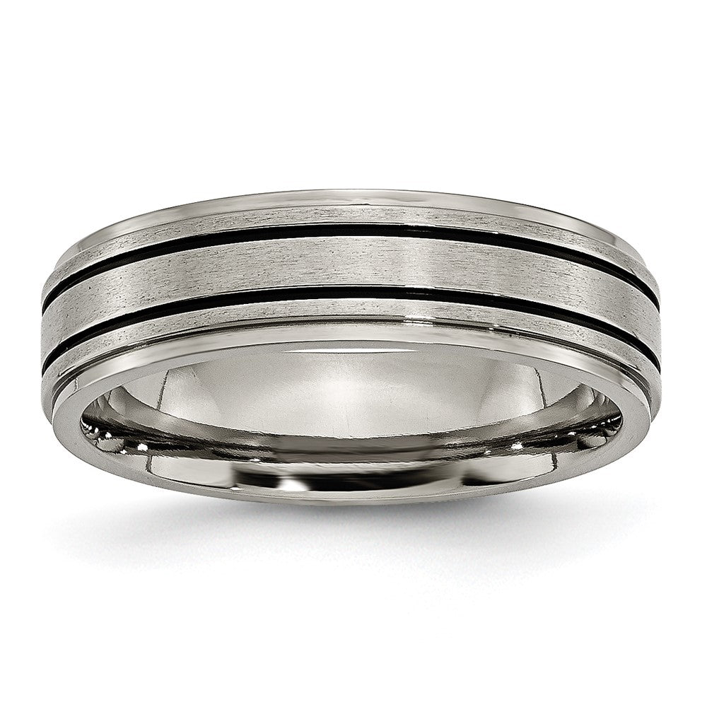 Titanium Brushed Center Black Enamel 6mm Ridged Edge Band Size - 7
