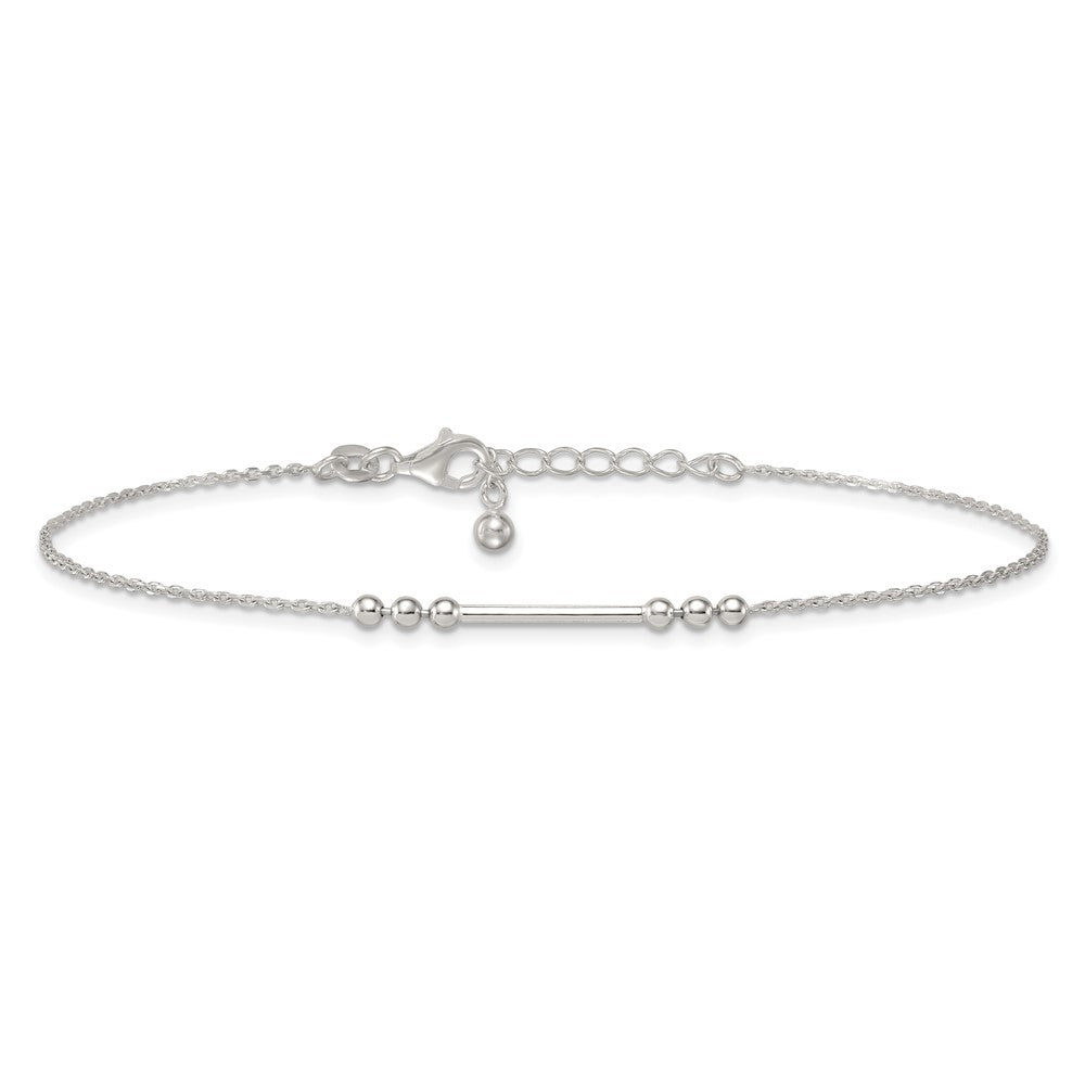 Sterling Silver Polished Beads and Bar 9 inch with 1 inch Extension Anklet