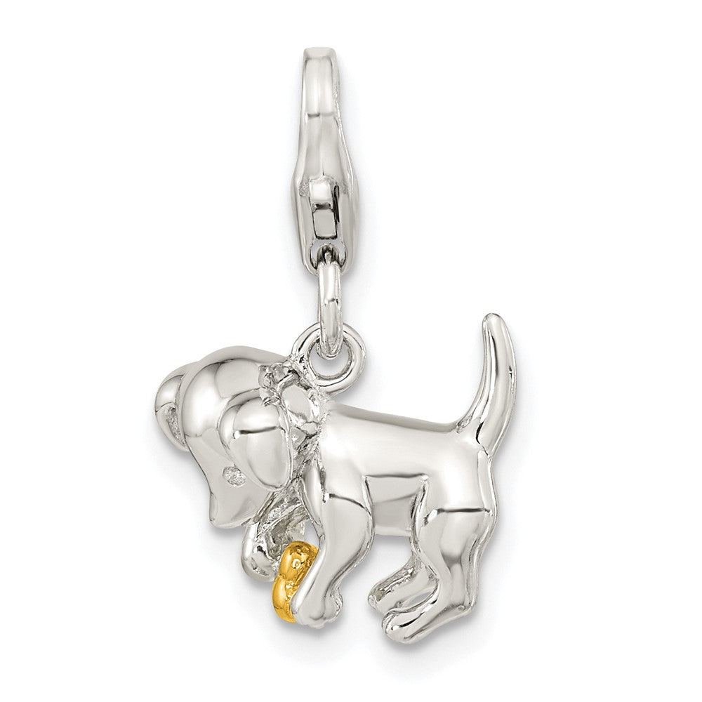 Amore La Vita Sterling Silver Rhodium-plated and Gold-plated Polished 3-D Puppy Holding Bone Charm with Fancy Lobster Clasp