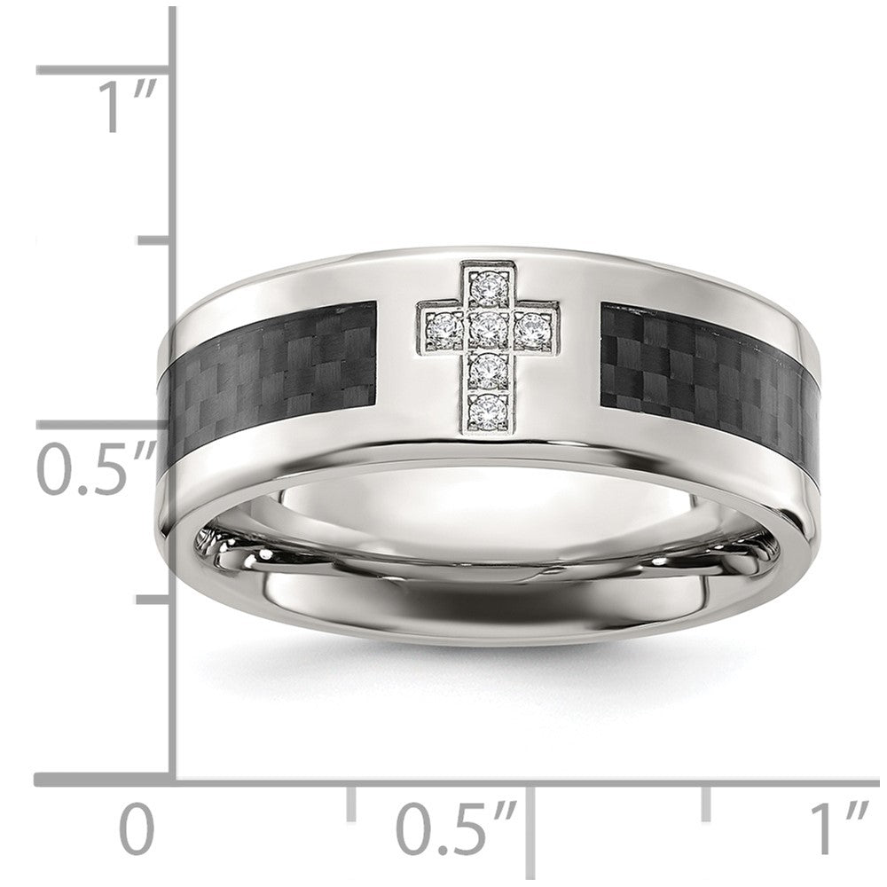 Stainless Steel Polished w/Black Carbon Fiber Inlay CZ Cross 8mm Band Size - 11