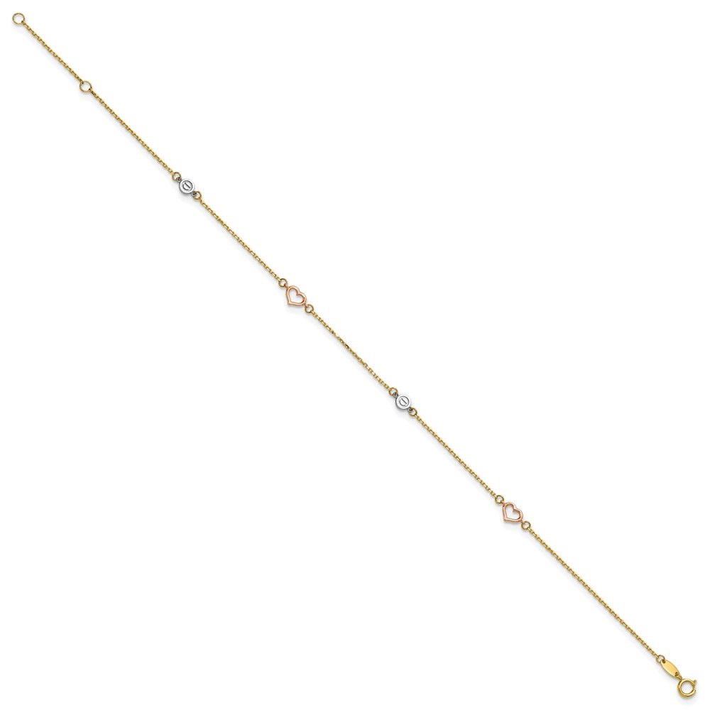 14k Tri-color Polished Hearts and Circles 9 inch with 1 inch Extender Anklet