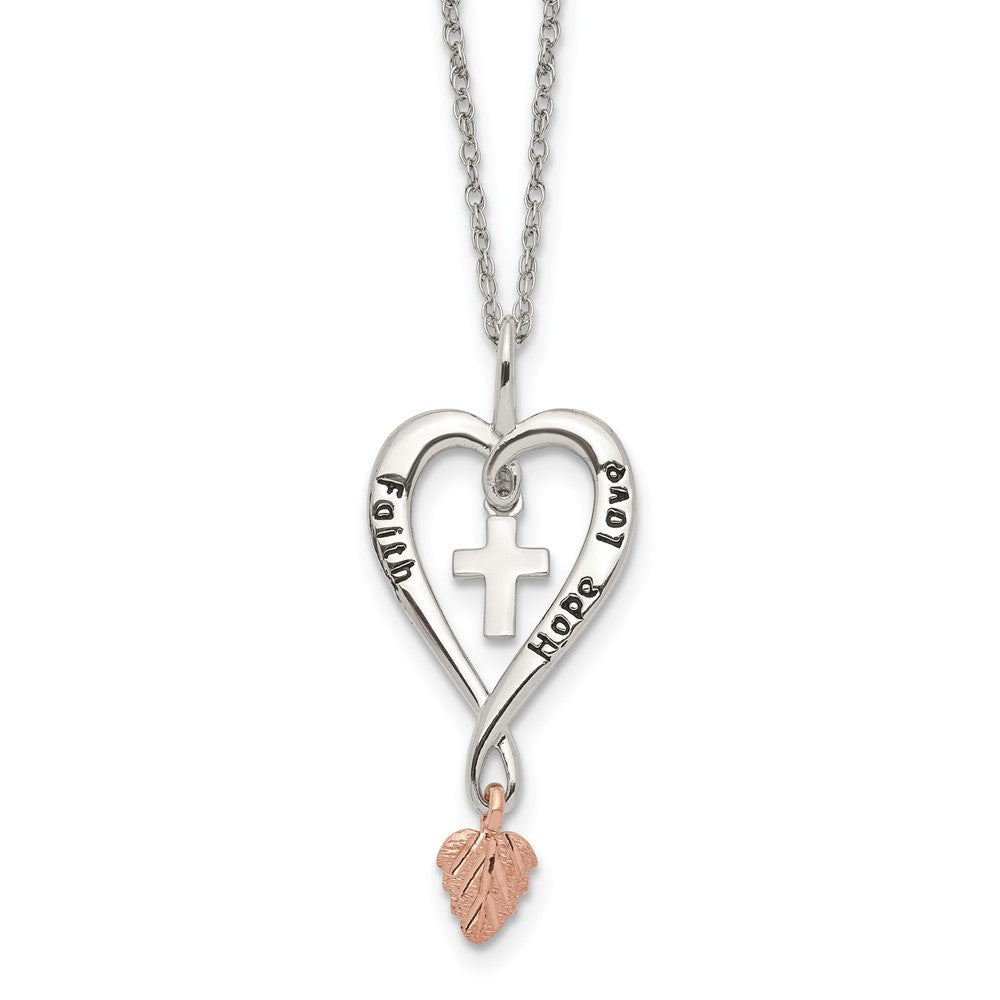 Landstrom's Mt. Rushmore Black Hills Sterling Silver 12K Gold Accents Antiqued FAITH HOPE LOVE Heart with Cross and Leaf Dangle 18 inch Spring Ring Clasp Necklace 18 Inches
