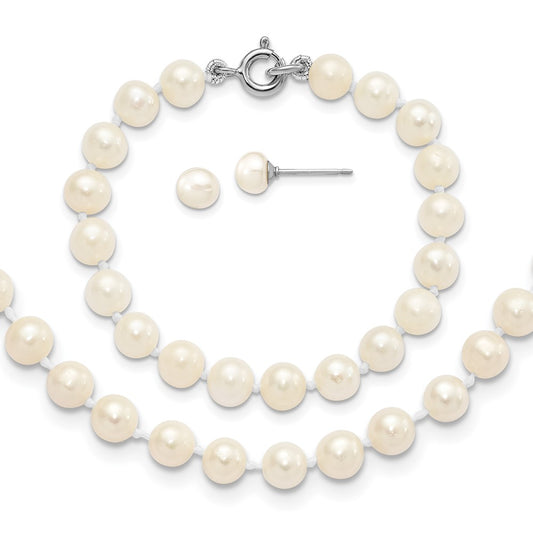Sterling Silver Madi K Rhodium-plated 5-6mm White Semi-Round Freshwater Cultured Pearl 12 inch Necklace, 4 inch Bracelet & Button Post Earrings Set