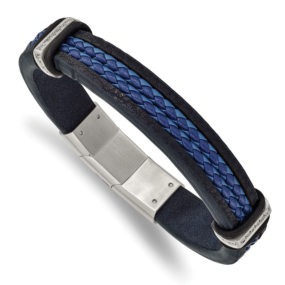 Stainless Steel Polished Blue Leather w/CZ 8in w/.5in ext. Bracelet 8 inches