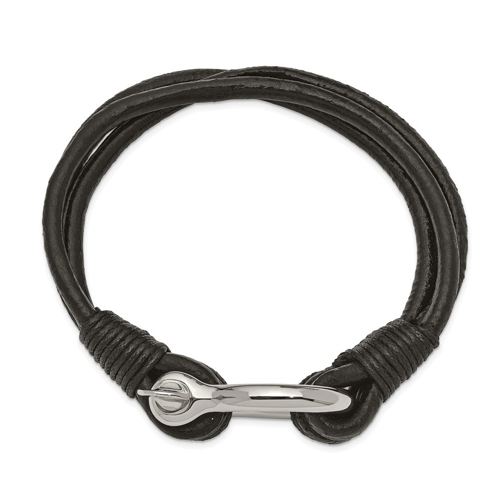 Stainless Steel Polished Black Leather Multi Strand 8.5in Shackle Bracelet 8.5 inches