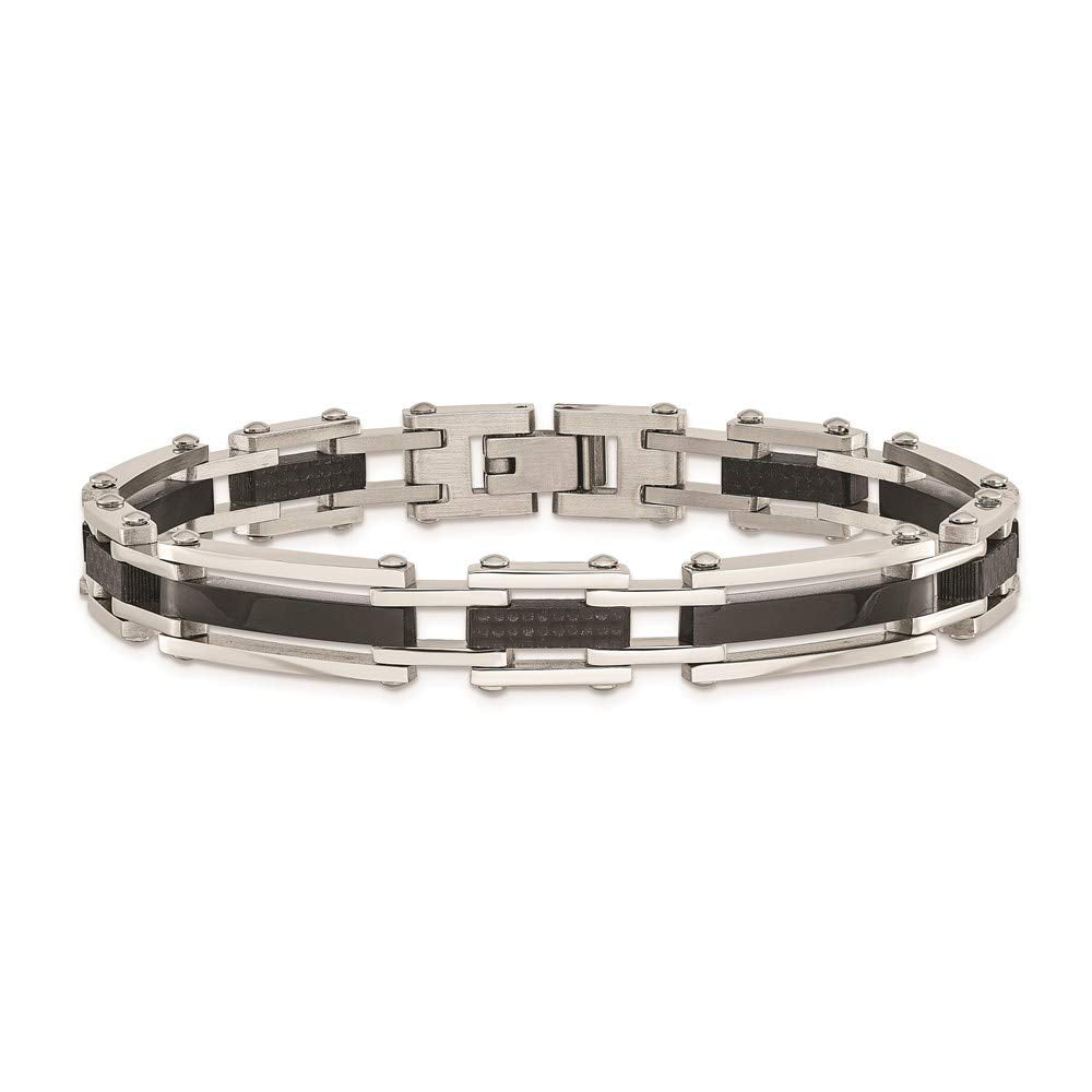 Stainless Steel Polished Blk IP-plated w/Solid Black Carbon Fiber Bracelet 8.25 inches