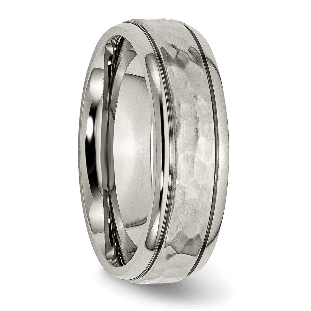 Titanium Polished and Hammered 7mm Grooved Edge Band Size - 8