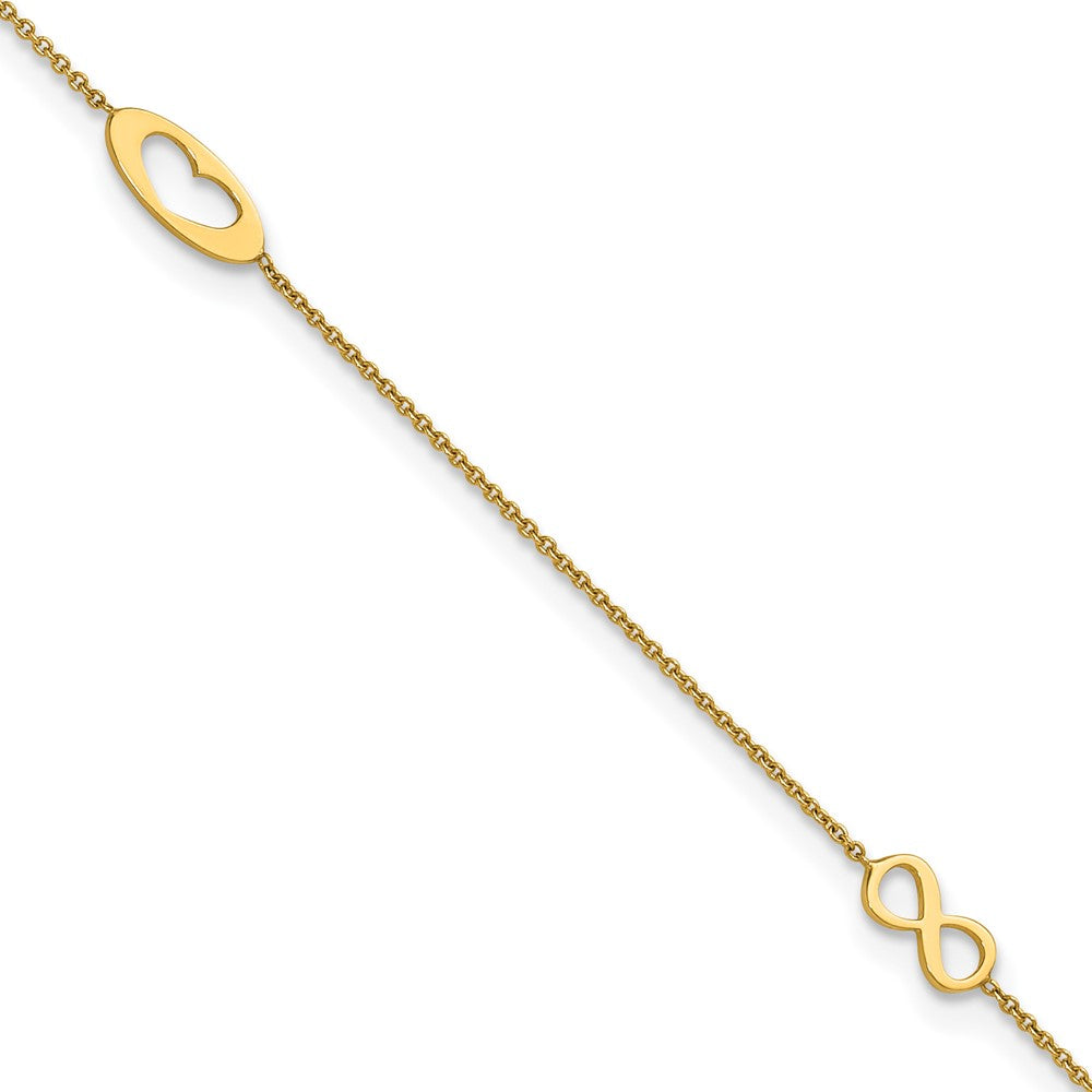 14k Polished Infinity and Heart 9 inch with 1 inch Extender Anklet