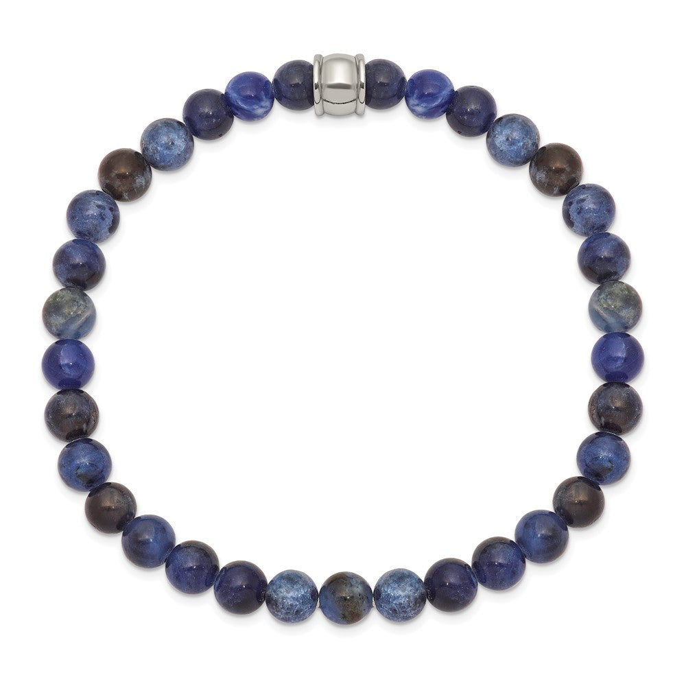 Stainless Steel Polished Blue Sodalite Stretch Bracelet 7.25 inches