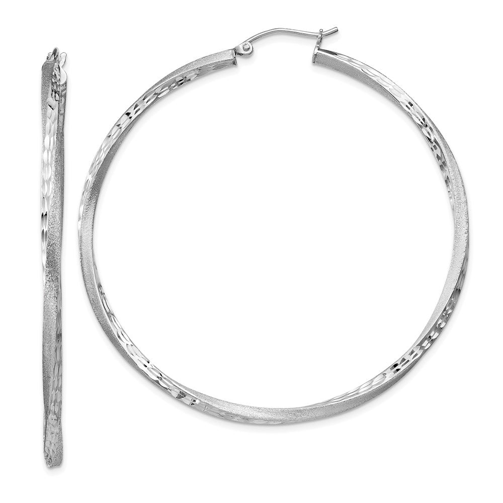 Sterling Silver RH-plated Satin Diamond-cut 2.5x55mm Twisted Hoop Earrings