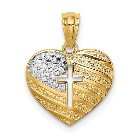 14K Yellow Gold w/Rhodium US Flag With Cross Heart Pendant