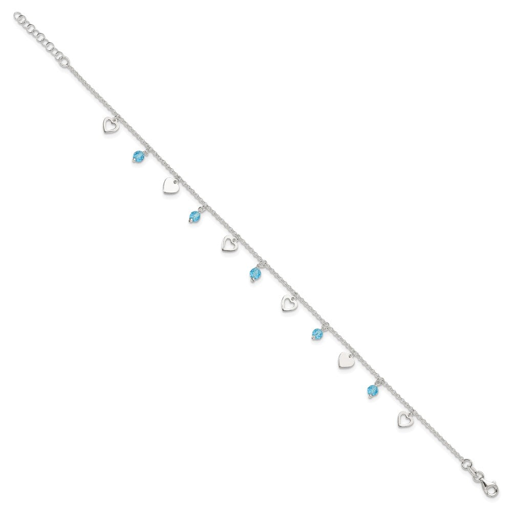 Sterling Silver 9 inch Heart and Blue Glass Plus1in ext. Anklet 9 inches