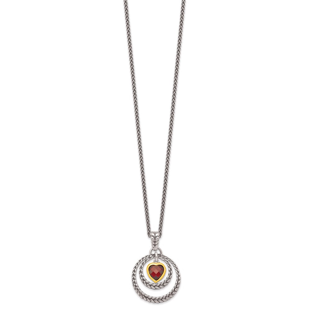 Shey Couture Sterling Silver Gold-tone Flash Gold-plated 18 Inch Antiqued Checkerboard Garnet Heart Necklace 18 Inches