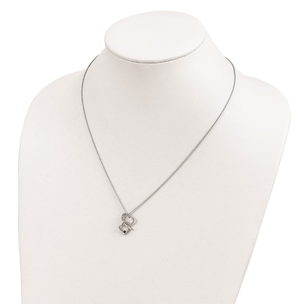 White Night Sterling Silver Rhodium-plated Black and White Diamond Double Heart 18 Inch Necklace with 2 Inch Extender 18 Inches