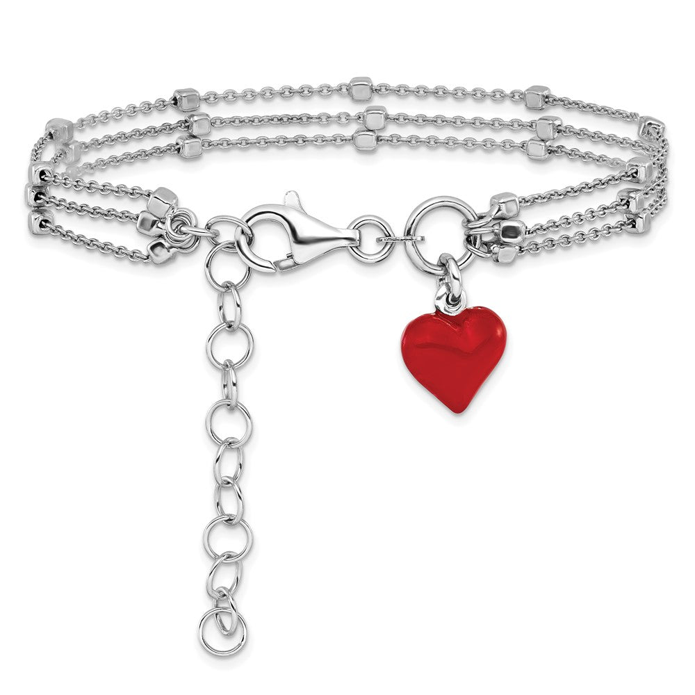 Sterling Silver Rhod-plated Enameled Red Heart w/ 2in ext Bracelet