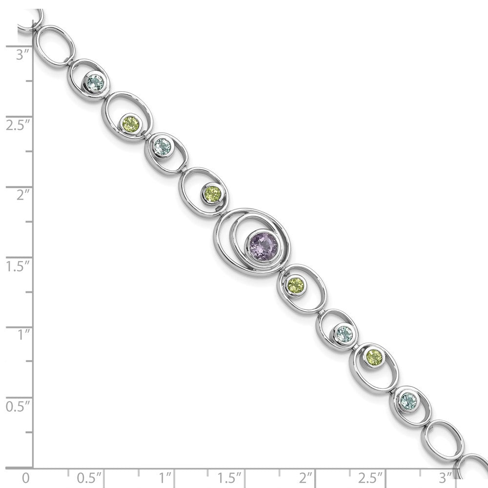 Sterling Silver Rhodium-plated w/Peridot, Blue Topaz &Amethyst Bracelet 7.25 inches