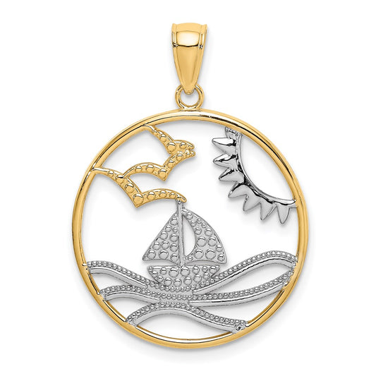 14k w/Rhodium Sun Sailboat Water Seagulls Circle Charm