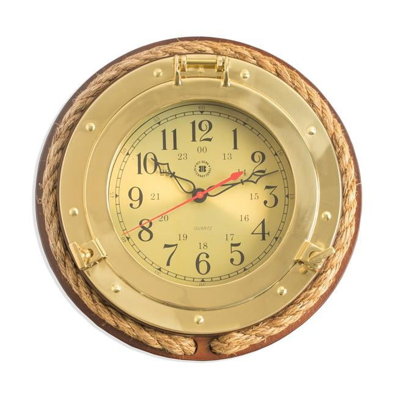 Bey-Berk International SQ501 Brass Porthole Quartz Clock with Fishermans Rope on Dark Cherry Wood & Gold