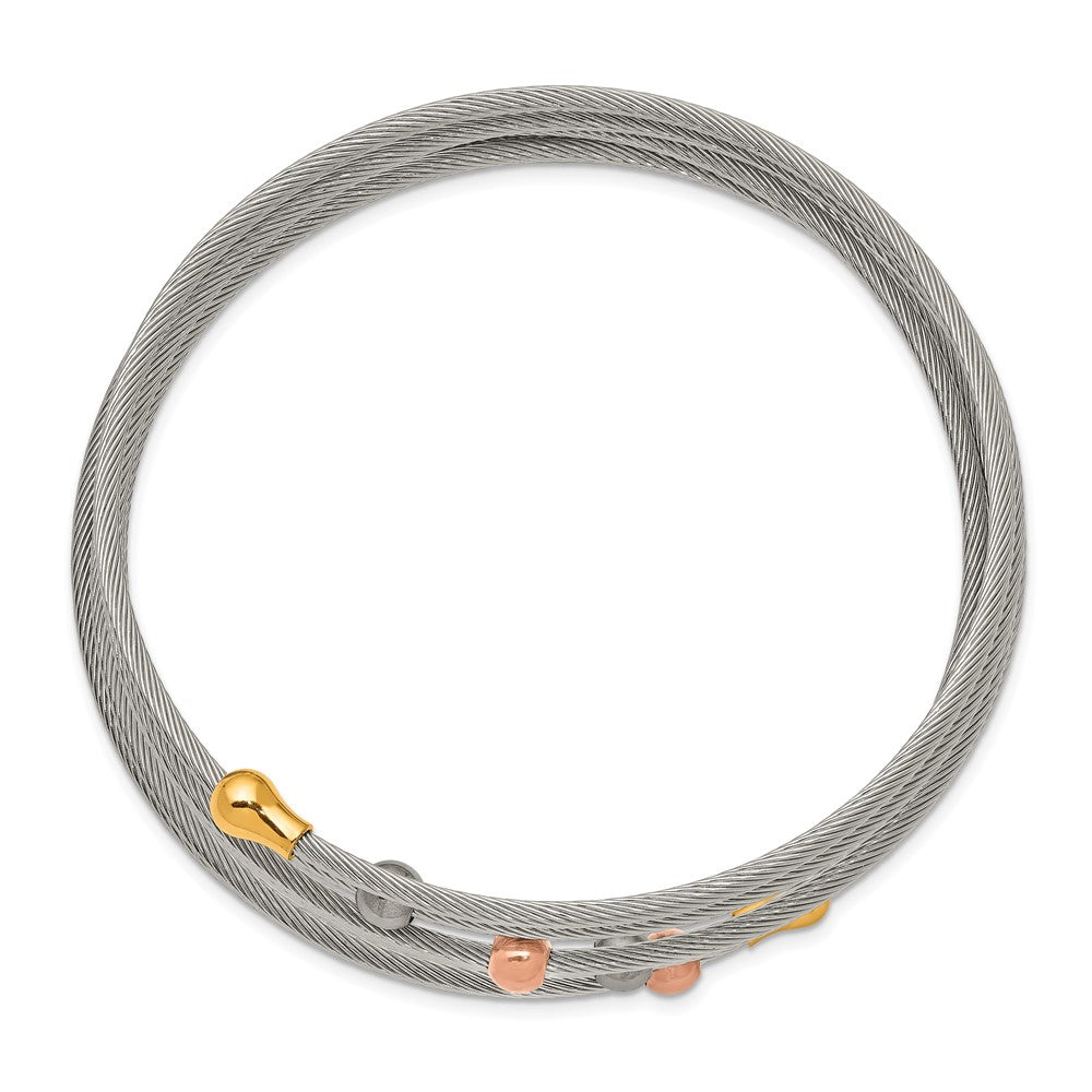 Stainless Steel Polished Rose and Yellow IP-plated Flexible Coil Bangle 7.25 inches