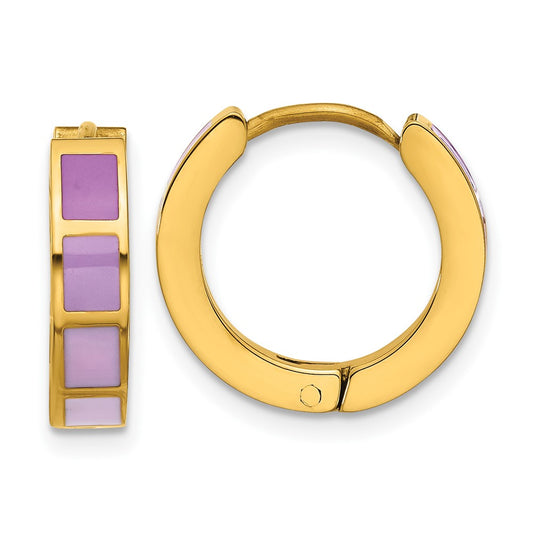 Stainless Steel Polished Yellow IP-plated Purple Enameled Hinged Hoop Earri