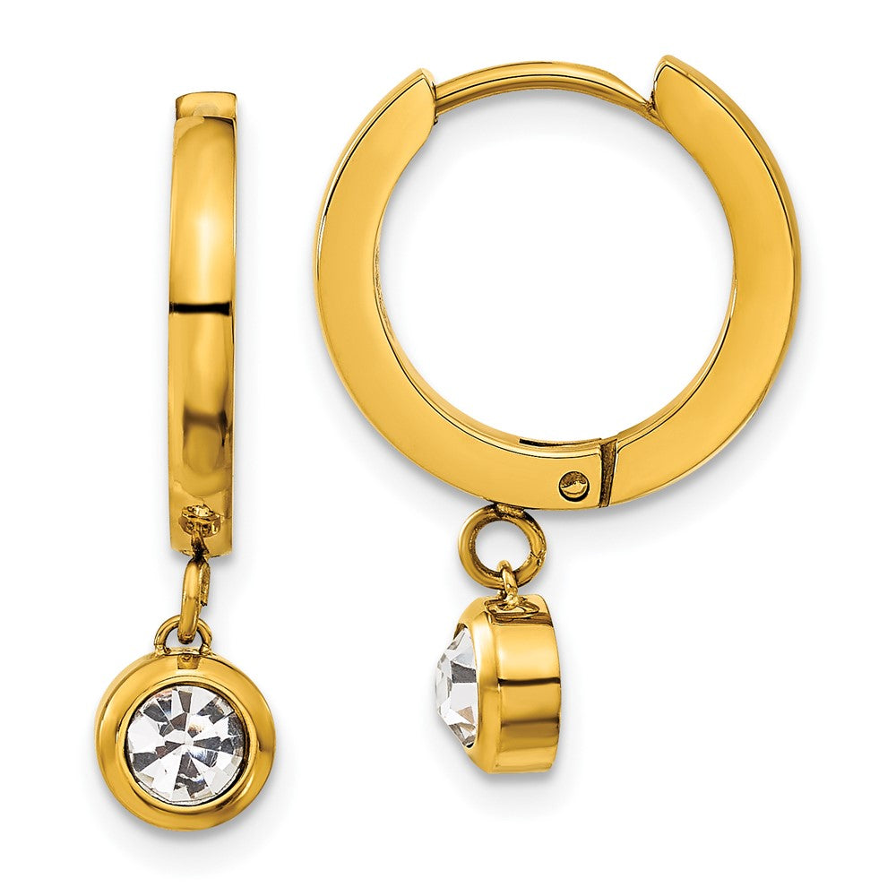 Stainless Steel Polished Yellow IP-plated CZ Dangle Hoop Earrings