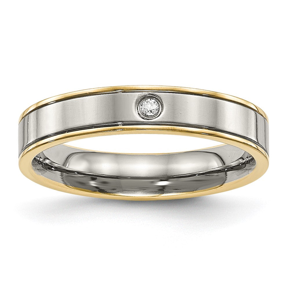 Titanium Polished Yellow IP-plated w/CZ 5mm Grooved Comfort Fit Band Size - 7