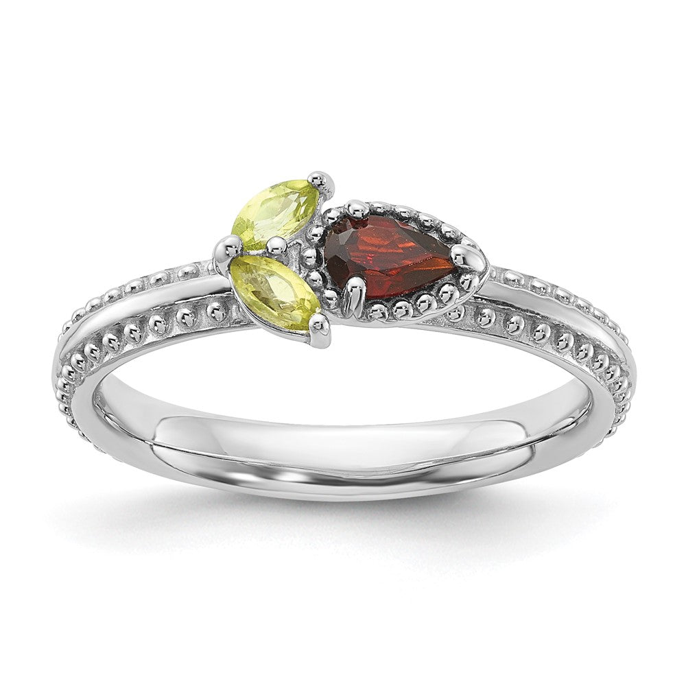 Sterling Silver Stackable Expressions Rhodium-plated Textured Garnet and Peridot Flower Ring Size -6