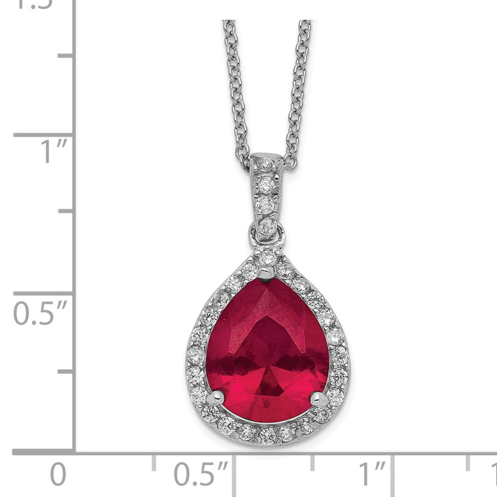 Cheryl M Sterling Silver Rhodium-plated Brilliant-cut Lab Created Ruby and Brilliant-cut White CZ Teardrop Halo 18 Inch Necklace 18 Inches
