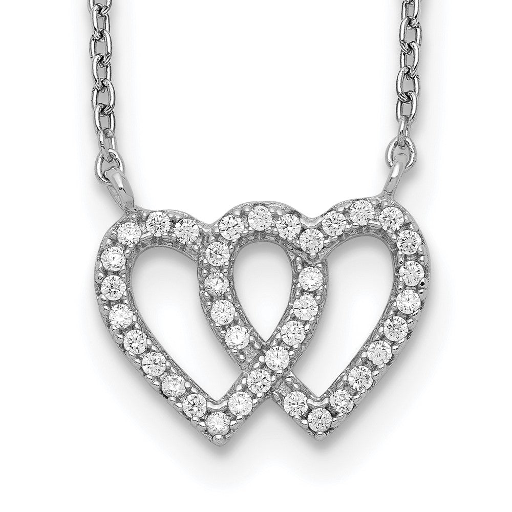 Sterling Silver Rhodium-plated Interconnected Double CZ Open Heart 16.5 inch Necklace with 1 inch extension 16.5 Inches