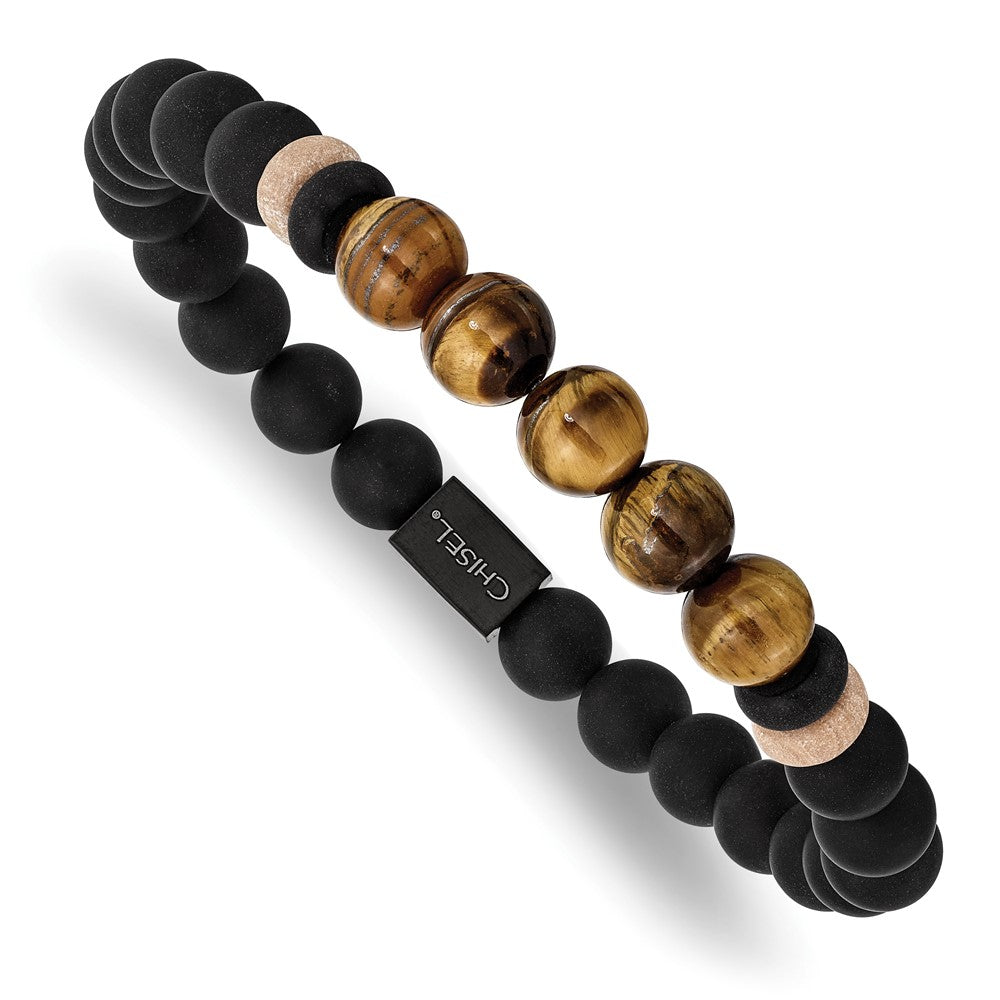 Stainless Steel Brushed Black IP Black Agate/Tiger's Eye Stretch Bracelet 7 inches
