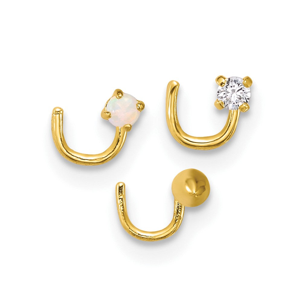 10k Polished 22 Gauge Set of Three CZ, Lab Created Opal and Spike Nose Studs