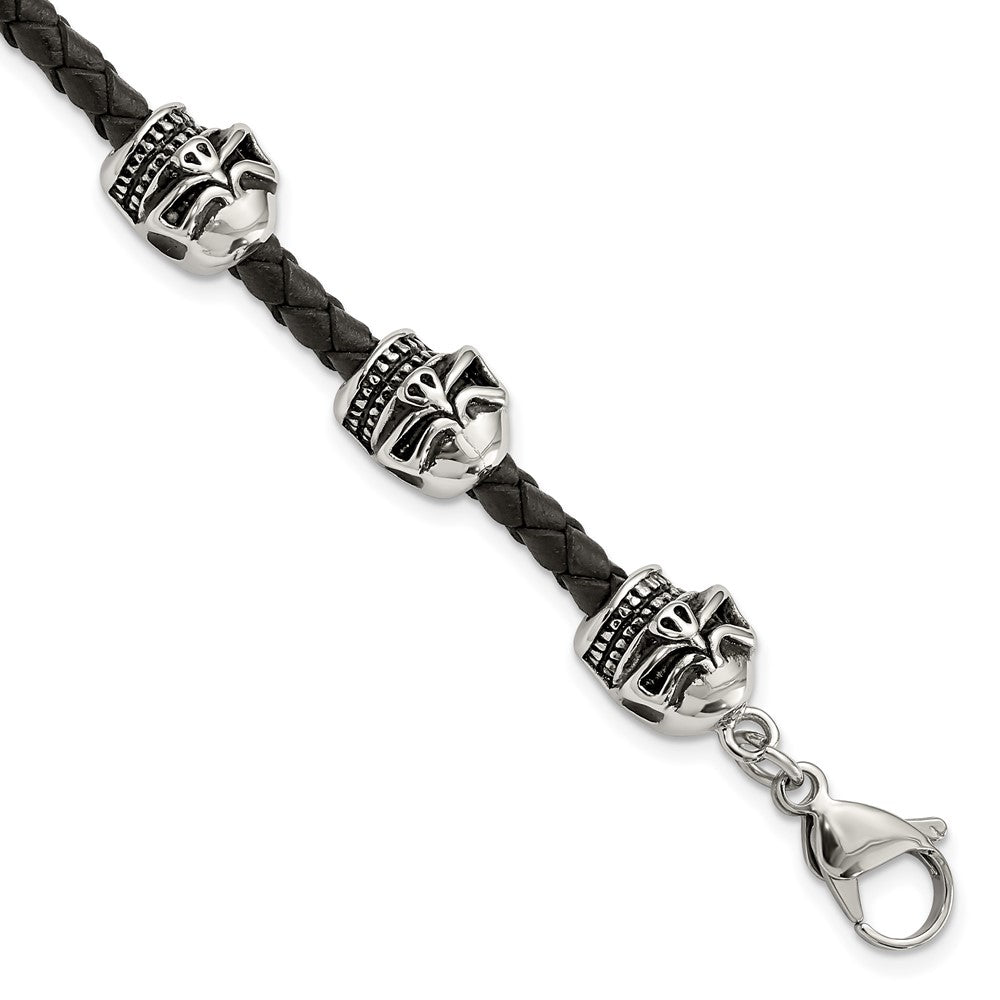 Stainless Steel Antiqued and Polished Skulls Leather 8.5in Bracelet 8.5 inches