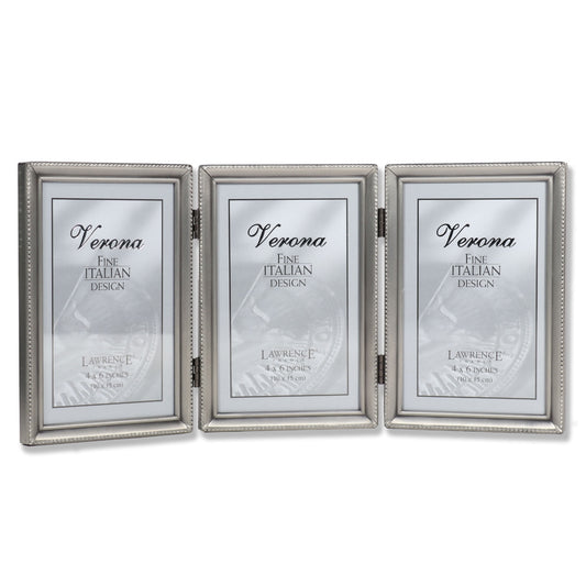Antique Pewter 4x6 Hinged Triple Picture Frame - Bead Border Design