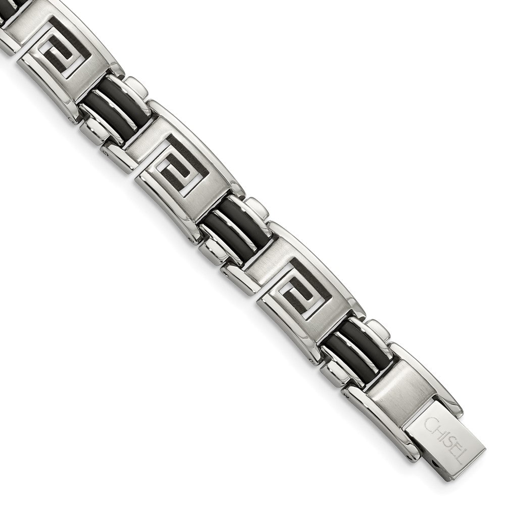 Stainless Steel 8.5in Brushed & Polished Black Rubber Greek Key Bracelet 8.5 inches