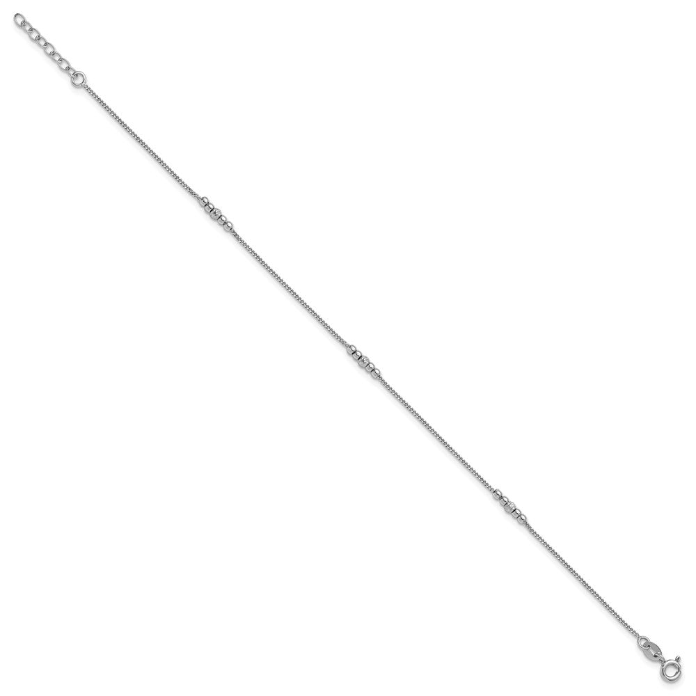 Sterling Silver Rhodium-plated Polished and Diamond-cut 3-Station Beaded 9 Inch with 1 Inch Extension Anklet