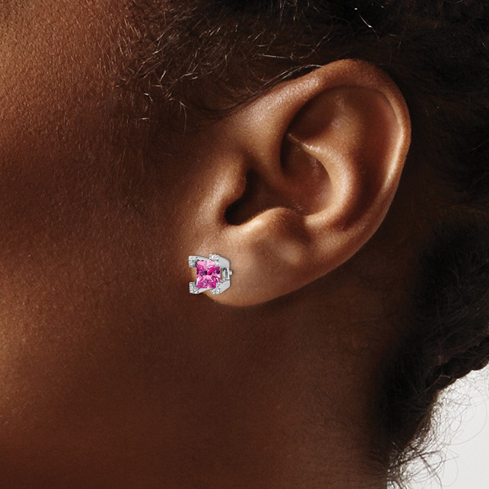14k White Gold Square Created Pink Sapphire and Diamond Earrings